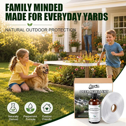 Deer Fence, Deer Tape and Deers Repellent for Plants, 300Ft Deers Ribbon with 100ml Natural Peppermint Spray Concentrate, Dual Action Visual & Scent Garden Barrier for Yard, Orchard, Vegetables