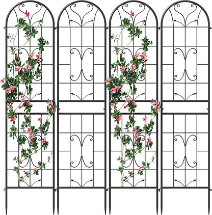 4-Pack 87" x 20" Ornate Scrollwork Arch Black Metal Garden Trellises | Set of 4 rust-resistant trellises with Ornate Scrollwork, arched tops, stakes, and support for roses, vines, or vegetables
