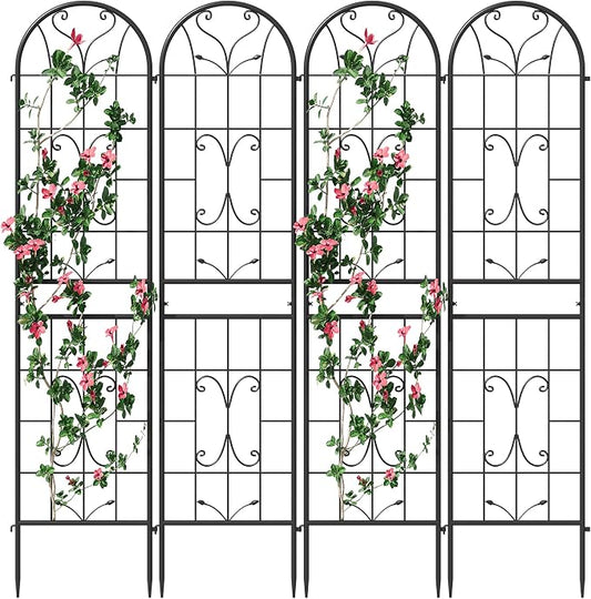 4-Pack 87" x 20" Ornate Scrollwork Arch Black Metal Garden Trellises | Set of 4 rust-resistant trellises with Ornate Scrollwork, arched tops, stakes, and support for roses, vines, or vegetables