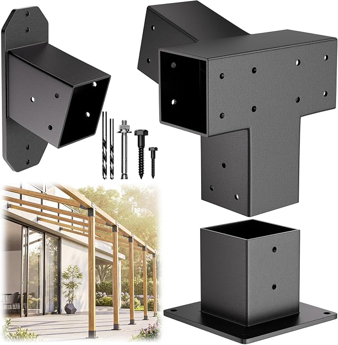 15° Wall Pergola Kits - Stainless Steel 15 Degrees Wall Mounts for 4x4 Posts(Actual 3.5" X 3.5"), Angled Pergola Construction Bracket Kit(a 4-Way,1 wall-Bracket,1 Post-Base)