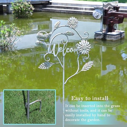 Decorative Garden Stakes with Welcome Sign,Metal Garden Stakes Yard Decor | 56"H Metal Flower Outdoor Yard Decoration,Lawn and Flower Bed Outdoor Garden Decor
