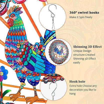 Rooster Kinetic Wind Spinner - 12-Inch 3D Holographic Metal Hanging Sculptures, Rustproof Outdoor Decor Garden Patio Decoration, Unique Gift for Chicken Lovers Mom Dad Men Women