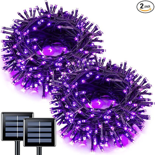 JMEXSUSS 2 Pack Solar Halloween Lights, Total 66 FT 200 LED, Purple | Outdoor Waterproof, 8 Modes Solar String Lights for Outside Patio Christmas Tree Garden Yard Halloween Decorations