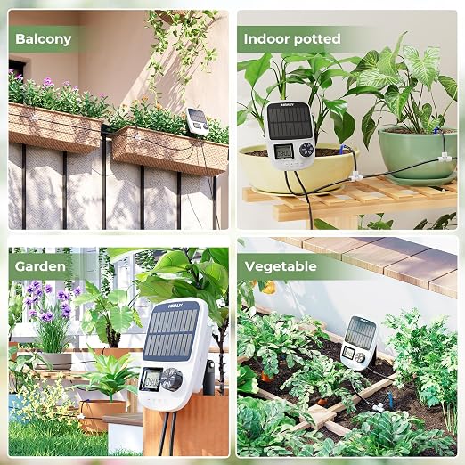 HIRALIY Solar Drip Irrigation System with Timer, Automatic Plant Watering Kit with USB Backup, 12 Drip Emitter Stakes, 40FT Tubing, Water Shortage Alarm for Potted Plants, Patio & Indoor Use