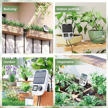 HIRALIY Solar Drip Irrigation System with Timer, Automatic Plant Watering Kit with USB Backup, 12 Drip Emitter Stakes, 40FT Tubing, Water Shortage Alarm for Potted Plants, Patio & Indoor Use