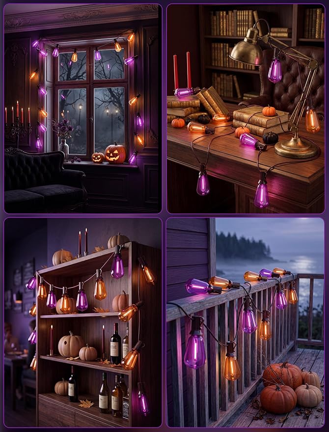 25Ft LED Outdoor String Lights, Halloween Orange Purple Lights with 25 0.6W ST38 LED Bulbs, Waterproof Connectable Patio Lights for Indoor Outdoor Backyard Garden Halloween Christmas Holiday Decor