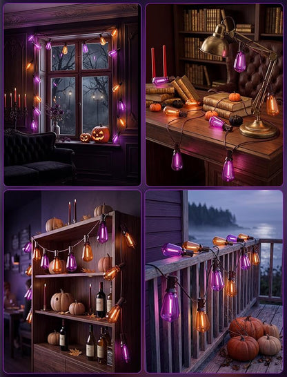 25Ft LED Outdoor String Lights, Halloween Orange Purple Lights with 25 0.6W ST38 LED Bulbs, Waterproof Connectable Patio Lights for Indoor Outdoor Backyard Garden Halloween Christmas Holiday Decor