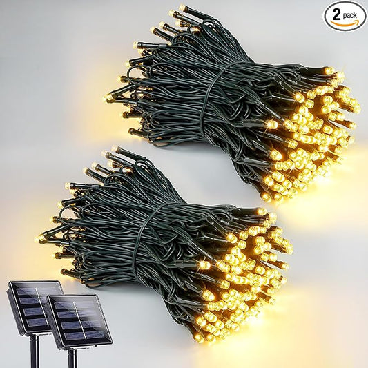 Solar String Lights Outdoor 2 Pack 200 LED Solar Christmas Light Warm White | 8 Lighting Modes, Memory Function, Auto On/Off, 66FT Waterproof Twinkle Lights for Outside Garden Yard Party Xmas Tree Decor