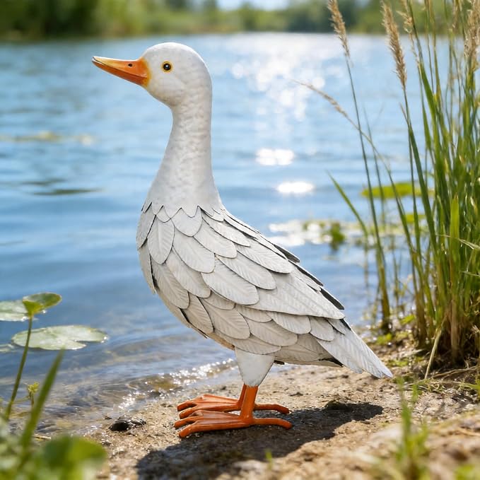 Shorayn Garden Statue Metal Duck Life-Size Mallard Indoor Outdoor Decor White Handmade