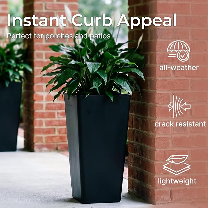 KOL Planters for Outdoor Plants, 28 Inch Tall Black Flower Pots 2 Pack, Large Plastic Plant Pots with Drainage Hole and Dual-Purpose Tray, Decorative Indoor Planter for Front Porch Patio Garden