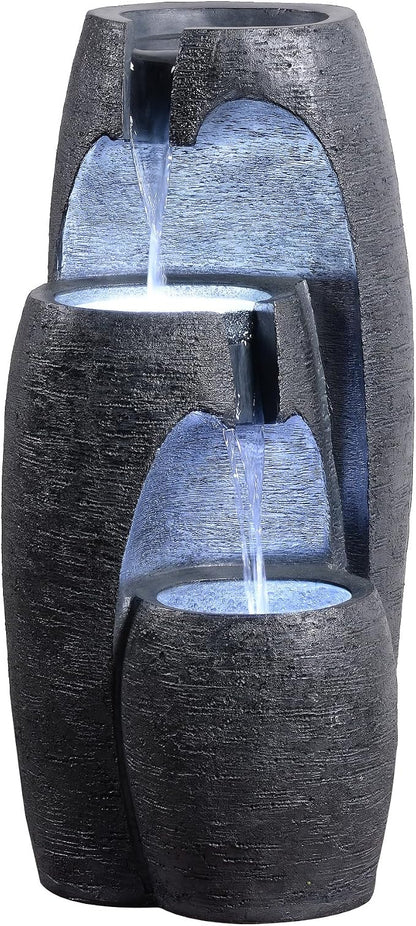 Teamson Home 3-Tier Cascading Urn Outdoor Water Fountain, Black | Cool Glow Lighting, Adjustable Flow, Electric Pump