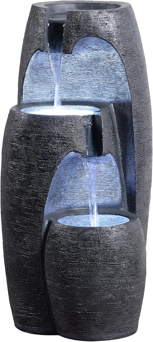 Teamson Home 3-Tier Cascading Urn Outdoor Water Fountain, Black | Cool Glow Lighting, Adjustable Flow, Electric Pump
