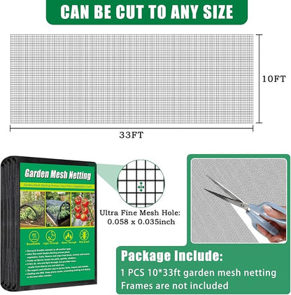 10 X 33 FT Thicker Garden Mesh Netting Pest Barrier for Raised Beds, Black Fruit Tree Netting for Cicadas, Bird Insect Blueberry Bush Strawberry Netting Cover for Garden Protection, Shading Rate 30%