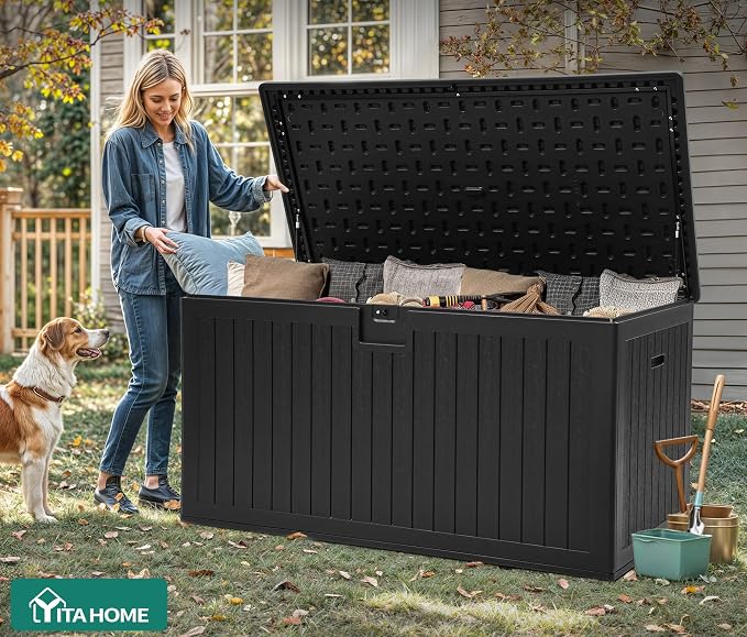 YITAHOME 260 Gallon Large Deck Box with Divider & Side Handles | Outdoor Double-Wall Storage for Patio Furniture Cushions, Garden Pool Accessories, Water Resistant & Lockable, Black