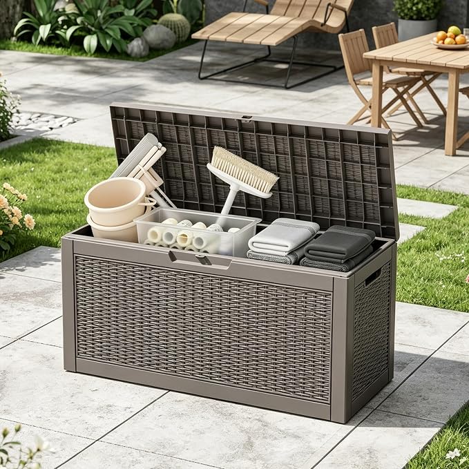Outdoor Storage Box, Resin Deck Boxes Indoor and outdoor, Waterproof Storage Box Lockable Lid (Grey,60 Gallon)