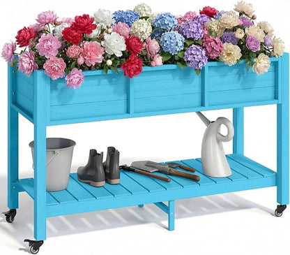 YITAHOME Raised Garden Bed HDPE, 47x18x31In Raised Flower Bed Poly-Wood Weather-Resistant Elevated Planter Box with Lockable Wheels & Storage Shelf for Vegetable Flower, Aruba Blue