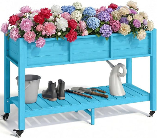 YITAHOME Raised Garden Bed HDPE, 47x18x31In Raised Flower Bed Poly-Wood Weather-Resistant Elevated Planter Box with Lockable Wheels & Storage Shelf for Vegetable Flower, Aruba Blue