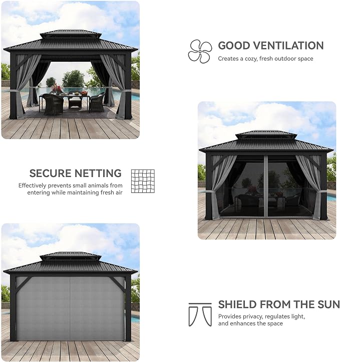 YITAHOME 12x14ft Hardtop Gazebo with Nettings and Curtains Heavy Duty | Double Roof Galvanized Steel Outdoor Combined of Vertical Stripes Roof for Patio, Backyard, Deck, Lawns, Gray