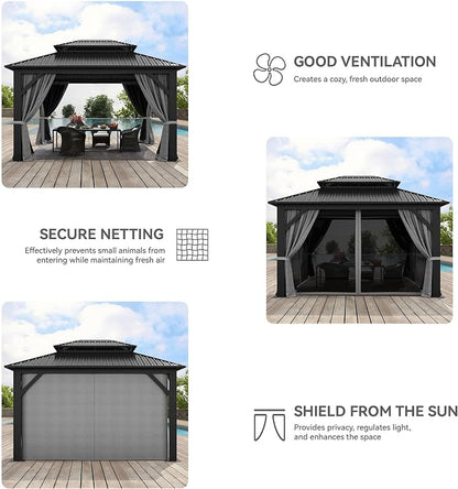 YITAHOME 12x14ft Hardtop Gazebo with Nettings and Curtains Heavy Duty | Double Roof Galvanized Steel Outdoor Combined of Vertical Stripes Roof for Patio, Backyard, Deck, Lawns, Gray