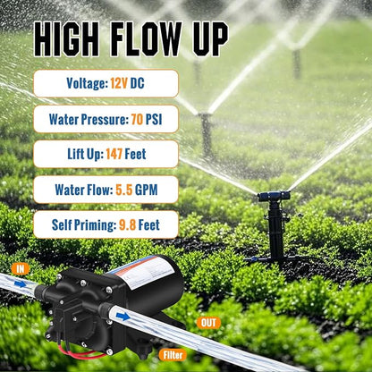 YOUNGTREE 12V RV Fresh Water Pressure Pump, 5.5GPM 70PSI Diaphragm Pump, Self-Priming DC Water Pump with 3/4" Garden Hose Adapters for Irrigation, Camper, Boat, Trailer, Marine, Off-Grid Cabin Use