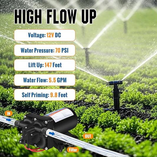 YOUNGTREE 12V RV Fresh Water Pressure Pump, 5.5GPM 70PSI Diaphragm Pump, Self-Priming DC Water Pump with 3/4" Garden Hose Adapters for Irrigation, Camper, Boat, Trailer, Marine, Off-Grid Cabin Use