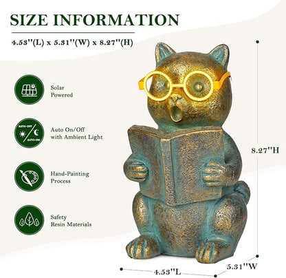 Solar Reading Cat Decor with Light-Up Glasses Patina Garden Statues | Resin Outdoor Animal Ornament for Patio Yard Porch, Birthday Housewarming Gifts for Women Cat Lovers