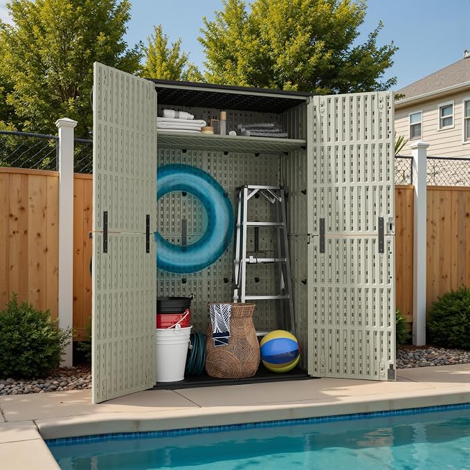 Devoko 50 Cu Ft Plastic Outdoor Storage Cabinet, Beige | Vertical Resin Storage Shed with Lockable Door, Waterproof Shed for Patio Furniture Pool Toy, Garden Tool, Shelf Not Included