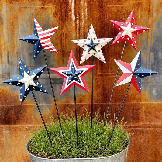 4th of July Decorations Outdoor 19" Metal Barn Star 6-Pack, Patriotic Outdoor Decorations, Rustic Iron Decorative Garden Stakes with American Flag Stars for Yard Patio Lawn