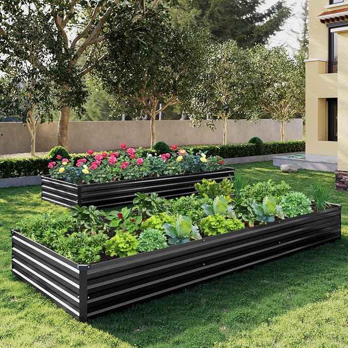 2PCS 10x3x1ft Galvanized Raised Garden Bed Kit,Gardening Planter Box | Outdoor Elevated Metal Planter Box For Vegetables, Flowers, Herbs, Anti-Rust Galvanized Steel, Open Drainage, Sturdy (Black)