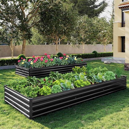 2PCS 10x3x1ft Galvanized Raised Garden Bed Kit,Gardening Planter Box | Outdoor Elevated Metal Planter Box For Vegetables, Flowers, Herbs, Anti-Rust Galvanized Steel, Open Drainage, Sturdy (Black)