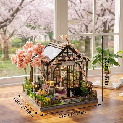 DIY Miniature House Kit, Fairy Dollhouse for Adults to Build, Mini Home Building Kit with Wooden Furniture & LED Lights,Garden Detials, Gift for Family and Friends (Spring Sakura Greenhouse)