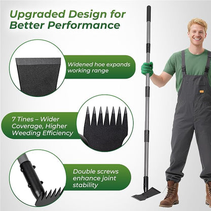 Walensee 2-in-1 Weed Puller Tool and Garden Hoe, Long Handle Weed Rake | Durable 3.5mm steel head, 64-inch adjustable handle. Ergonomic design relieves back strain while removing deep-rooted weeds.
