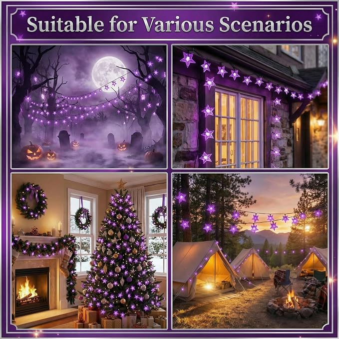 Twinkle Solar Star String Lights Outdoor Waterproof 39FT/100L Fairy Lights | 8 Modes Camping Garden Wedding Party Tree Holidays Backyard Patio Purple