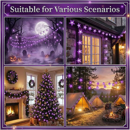 Twinkle Solar Star String Lights Outdoor Waterproof 39FT/100L Fairy Lights | 8 Modes Camping Garden Wedding Party Tree Holidays Backyard Patio Purple