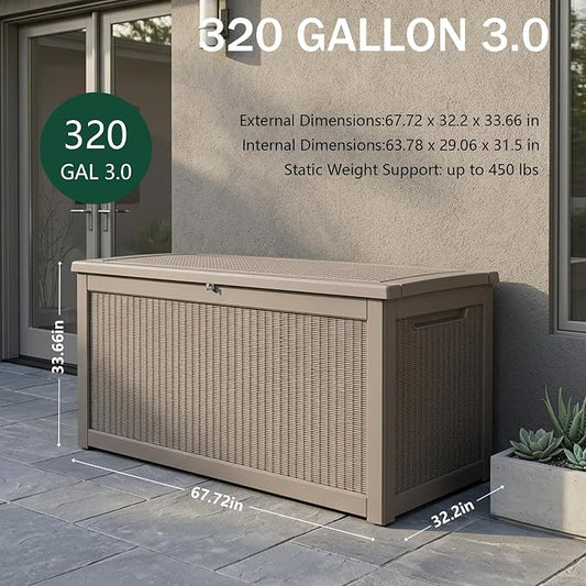 Outdoor Storage Box, 320 Gallon Waterproof Deck Box [Upgraded 3.0], Dual Gas-Spring Ultimate Resin Organizer for King Cushions, Heavy-Duty Lockable Estate Storage Bench, Backyard BBQ, Grey
