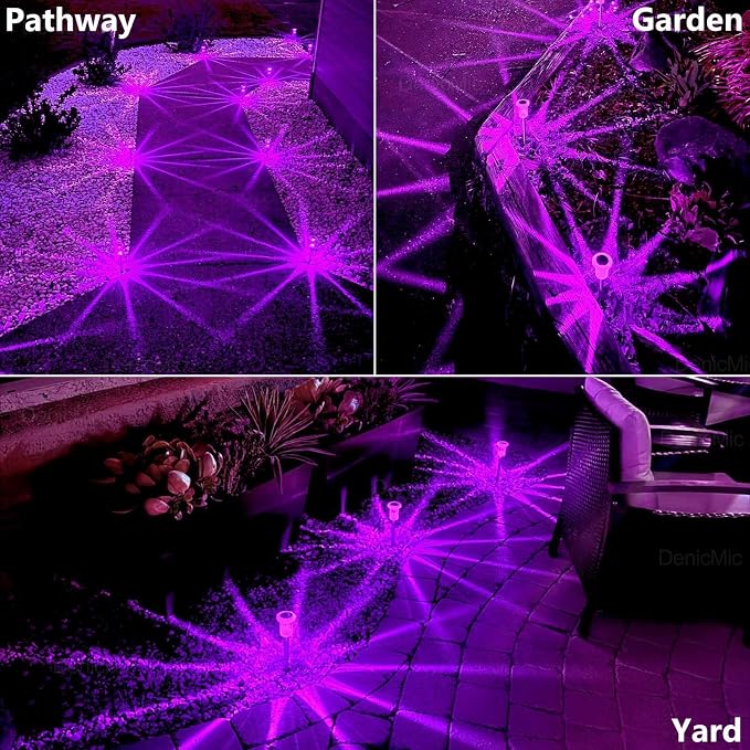 DenicMic Solar Halloween Lights Outdoor 15 Pack Purple LED Halloween Decor | Yard Garden Pathway Walkway Driveway Landscape Spike Style Starburst Light Pattern, IP65 Waterproof, Acrylic/Stainless Steel