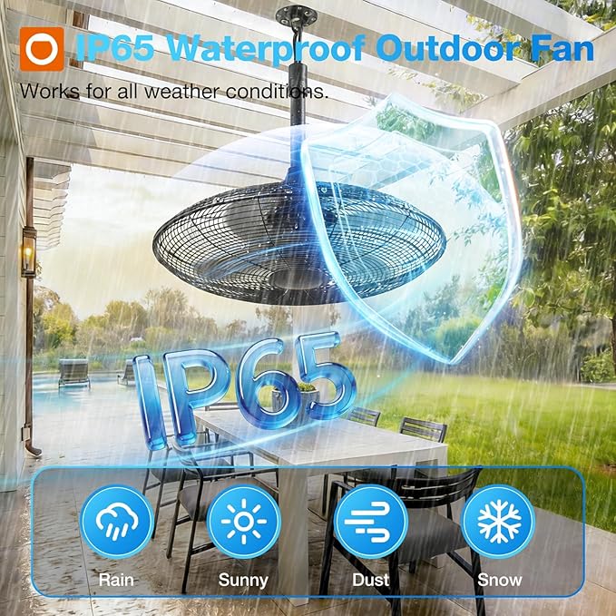 addlon Outdoor Fans for Patios, 20 inch IP65 Waterproof Gazebo Fan Remote&APP Control, 6 Speeds, Quiet, DC Motor, Plug in Ceiling Fan with Hook Hanging Caged Fan for Pergola Porch Canopy Backyard