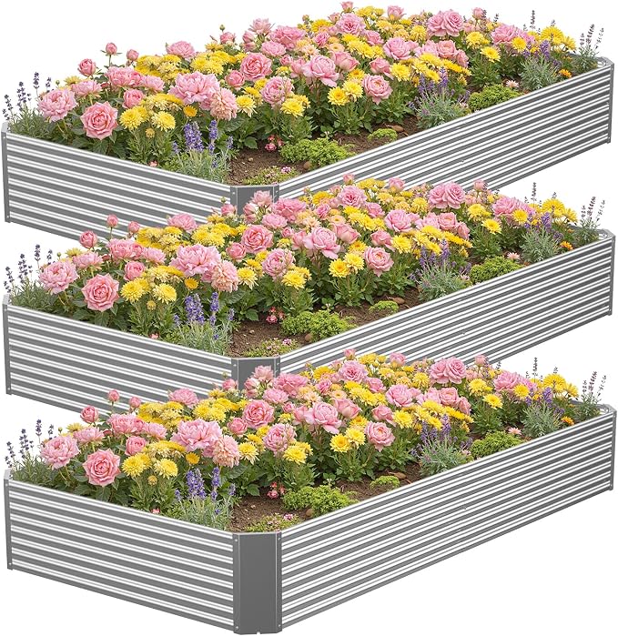 3 Pcs 8 x 4 FT Galvanized Steel Raised Garden Bed – Outdoor Planter Box for Root Vegetables, Herbs & Flowers, Large Metal Garden Beds for Backyards, Terraces and Balconies