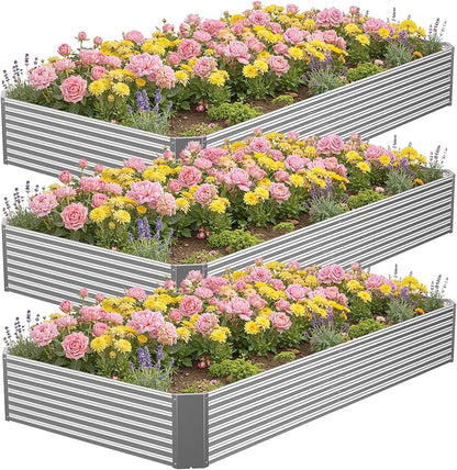 3 Pcs 8 x 4 FT Galvanized Steel Raised Garden Bed – Outdoor Planter Box for Root Vegetables, Herbs & Flowers, Large Metal Garden Beds for Backyards, Terraces and Balconies