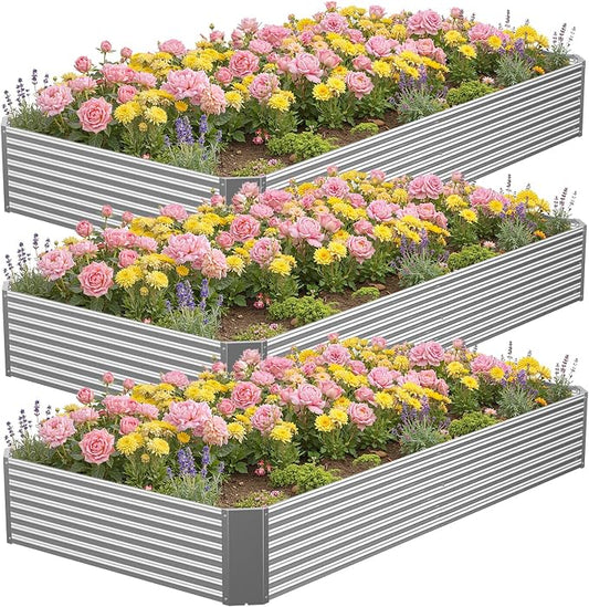 3 Pcs 8 x 4 FT Galvanized Steel Raised Garden Bed – Spacious Outdoor Metal Planter for Vegetables & Flowers, Easy Assembly for Backyards and Terraces