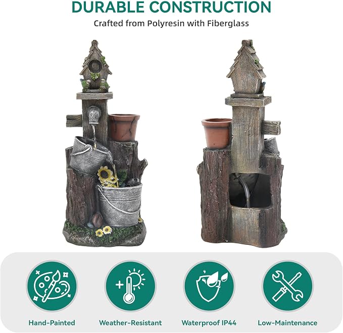 20" 3-Tier Resin Birdhouse Water Fountain with Warm LED Lights | Pastoral Cascading Bucket Water Feature with Soothing Outdoor Fountain for Patio Backyard Garden Porch