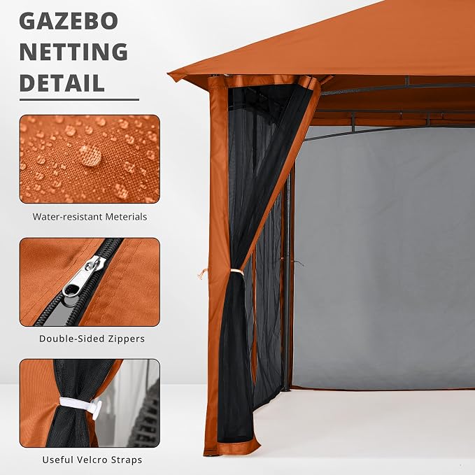MASTERCANOPY Patio Gazebo Mosquito Netting Screen Walls (10x12, Rust Red)