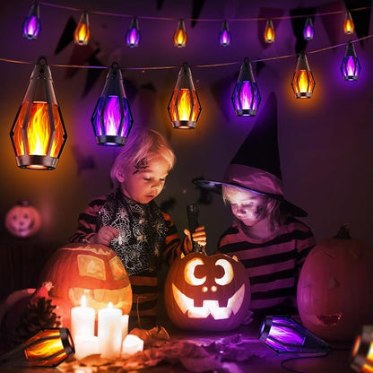 iBaycon 42Ft 15 LED Solar Flame Halloween String Lights, Warm White+Purple | Ultra-Real Flickering Flame Lamp Outdoor Waterproof, Solar Patio String Lights for Garden Yard Lawn Halloween Decorations