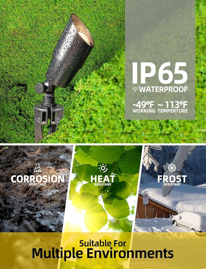 COLOER Brass Low Voltage Landscape Spotlight(Black) 6-Pack with 5W Aluminum Housing MR16 LED Bulb 2700K 450LM CRI85+,12V AC/DC Outdoor Uplighting, Directional Garden Patio Spot Up Light(101B-Black)