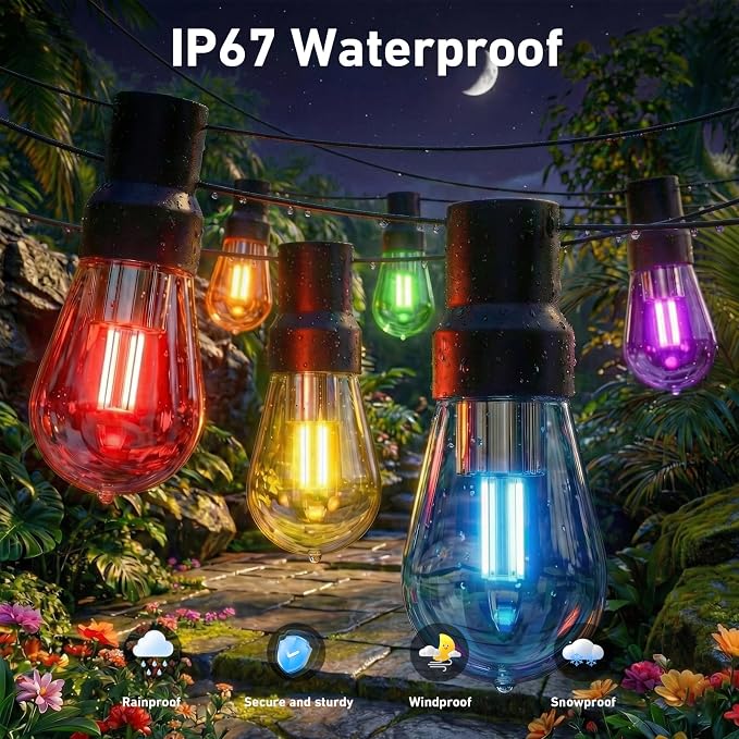 LETIANPAI 400FT RGB+IC Outdoor String Lights, IP67 Waterproof LED Color Changing Clear Bulb String Lights with App & Remote Control, Shatterproof Hanging Patio Lights for Backyard Garden Party