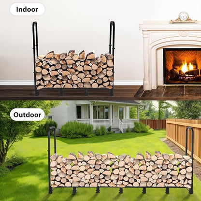 8FT Firewood Rack Outdoor with Cover, Heavy Duty Wood Holder with Log Carrier, Adjustable & Waterproof Log Holder Wood Storage Stand for Fireplace Patio Outdoor, Black