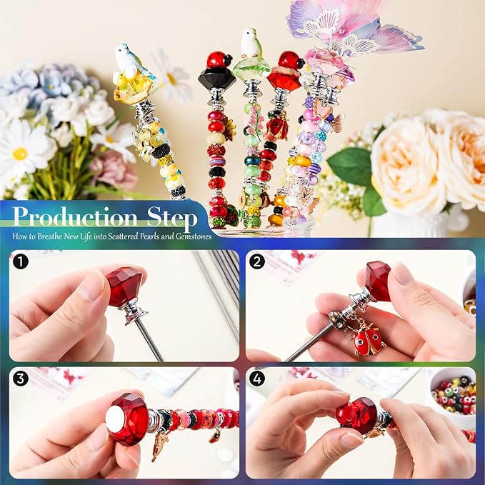 264Pcs Beaded Garden Stakes with Cute Animal- Bee, Ladybug, Bird & Butterfly Fairy Wand Kit,12in Threaded Rods for Spring Garden Outdoor&Indoor Decorations