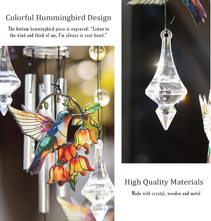 27'' Hummingbird Wind Chimes for Outside,Chimes Hummingbirds Gifts for Mom | Large Windchimes With Crystals, Metal Memorial Chimes Window Garden/Yard Outdoor Decor,Birthday Gifts for Women Grandma