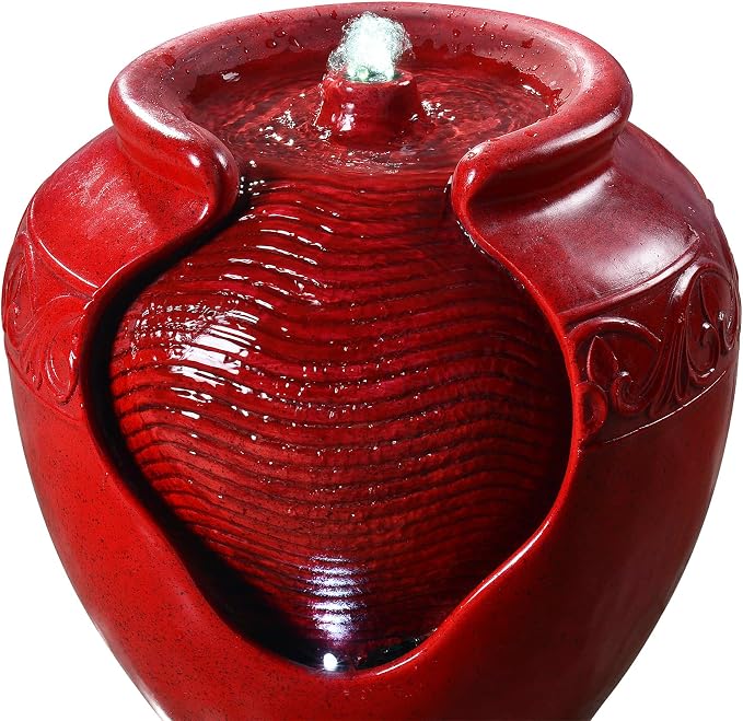 Teamson Home Outdoor Pot Fountain with LED Lights and Pump, Floor Water Fountain for Patio, Garden, Backyard, Decking Home Décor, 16.93 Inch Height, Red | LED Lights, Pump Included, Floor Water Fountain, For Patio, Garden, Backyard, Decking