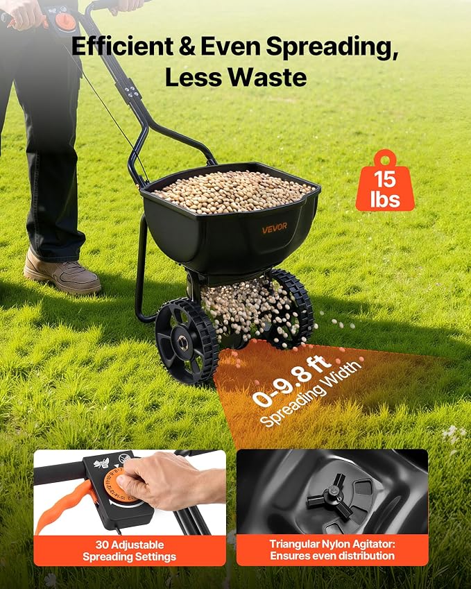 VEVOR Broadcast Spreader, 9.8ft Spreading Width, Push Broadcast Spreader with 10" All-Terrain Tires, Adjustable Flow Control, 15lbs Capacity Hopper, Lawn Spreaders for Fertilizer Seed Small Home Use